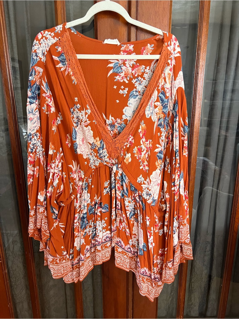 Romantic Gypsy Orange Floral V-Neck Boho Top Bell Sleeves